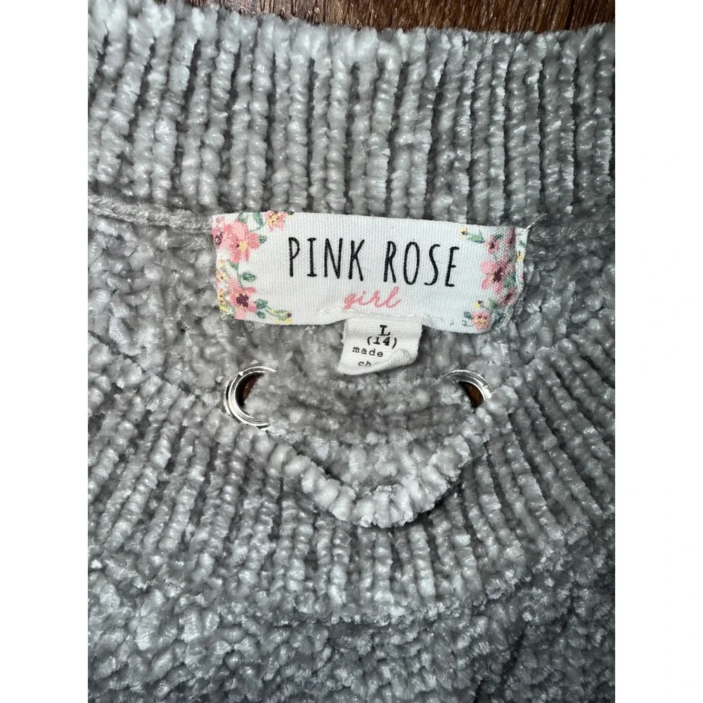 Pink Rose Girl Grey Chenille Lace Up Back Sweater‎ Size L 14 KF0S21208BV